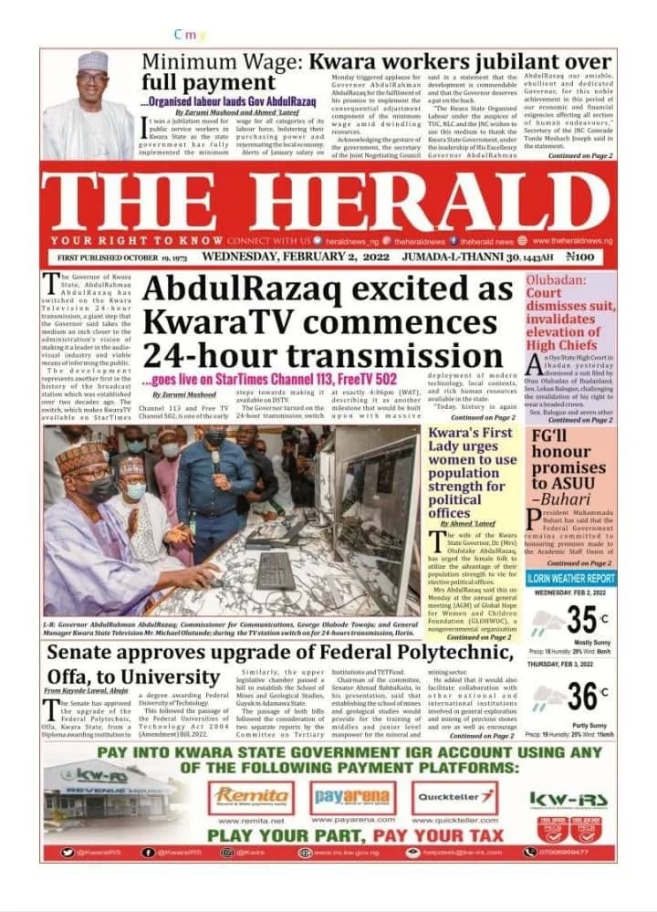 The Herald front page — AbdulRazaq excited as KwaraTV commences 24-hour transmission