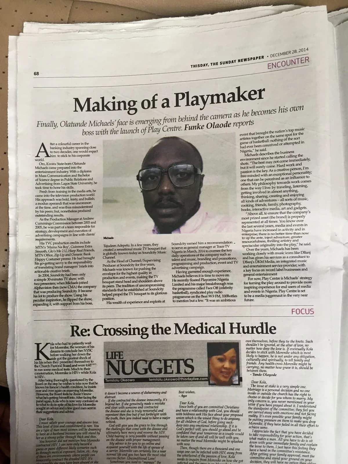 The Sunday Newspaper — Making of a Playmaker full page spread by Funke Olaode