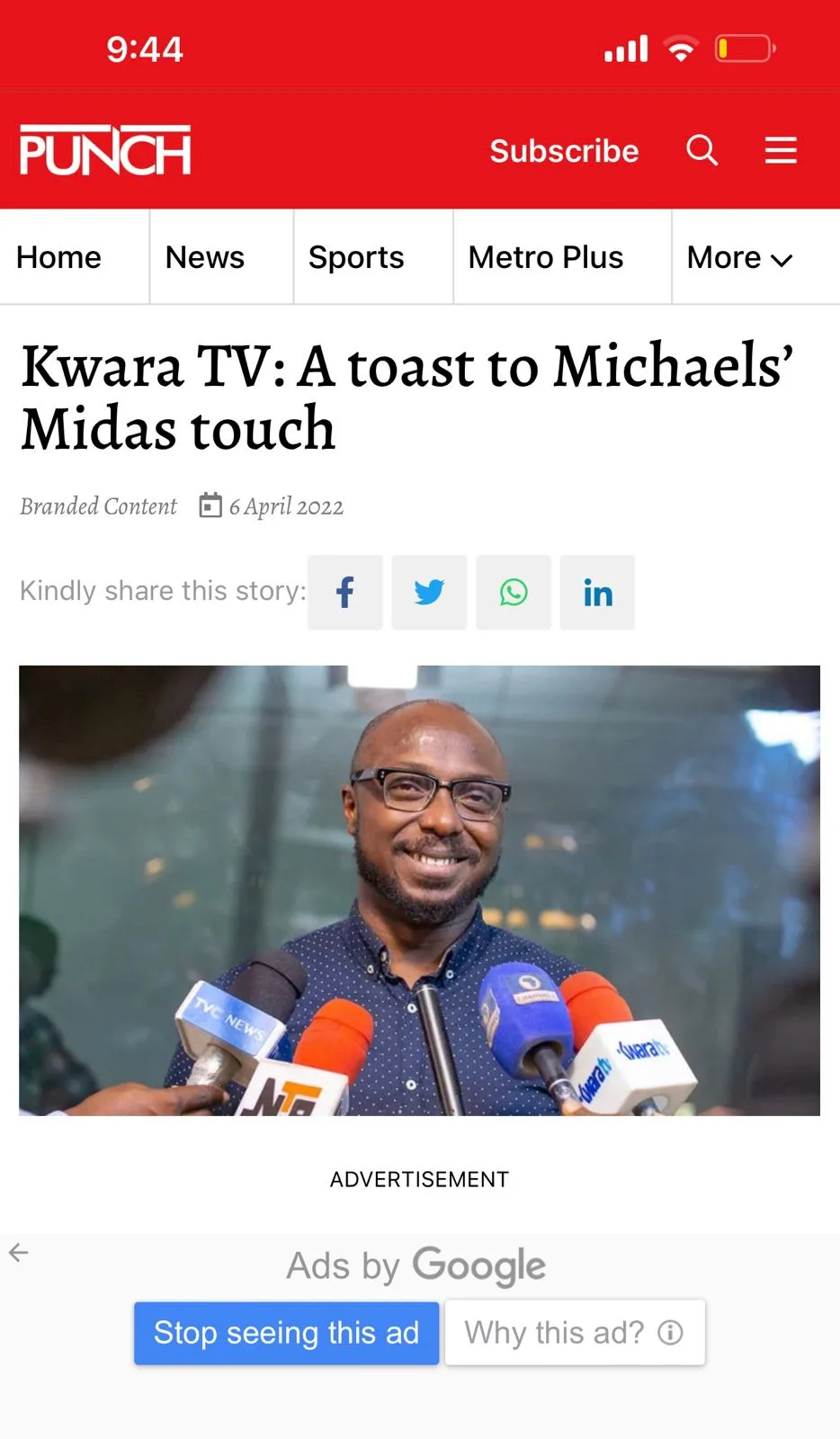 Punch Newspaper — Kwara TV: A toast to Michaels' Midas touch