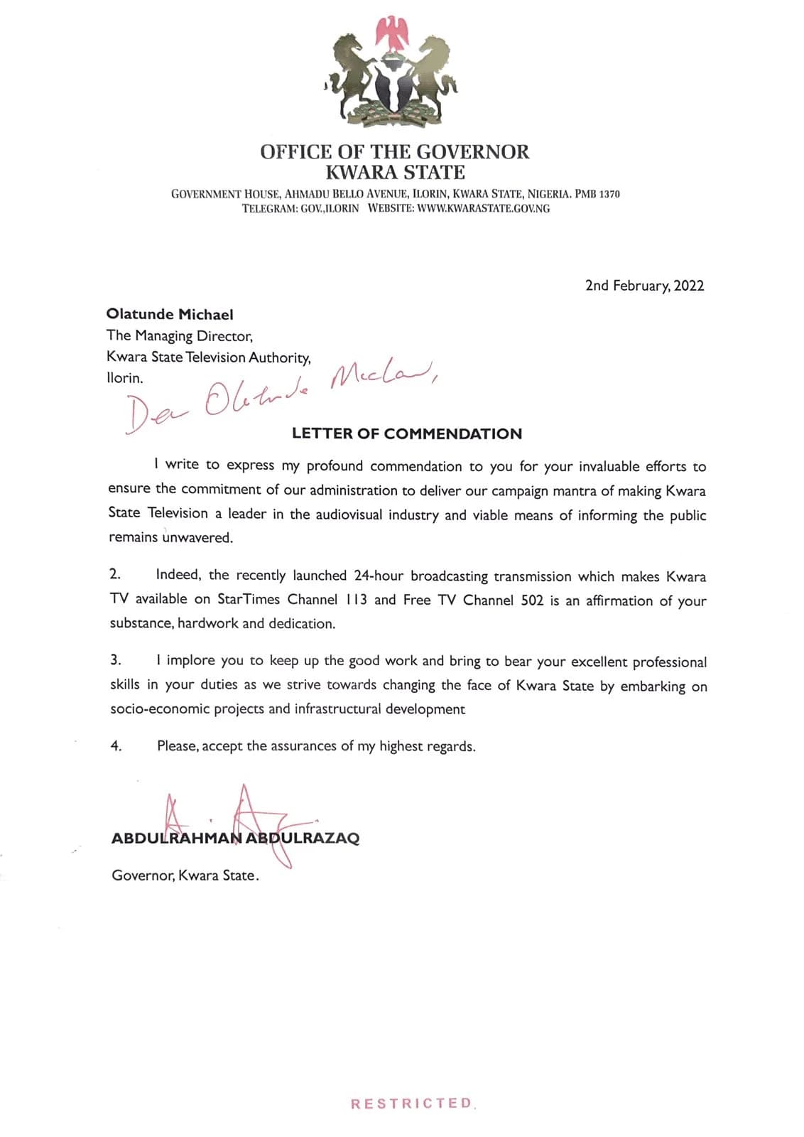 Letter of Commendation from the Office of the Governor of Kwara State, dated 2 February 2022
